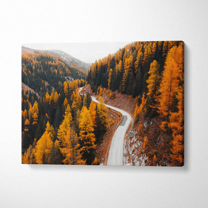 Autumn landscape canvas art with winding road and vibrant orange and yellow fall foliage wall art.