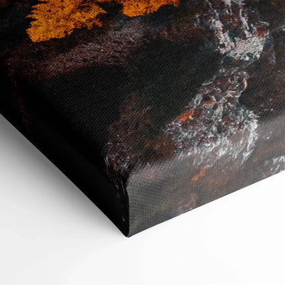 Corner close-up of vibrant autumn canvas art featuring golden foliage and a serene road, wall art detail.