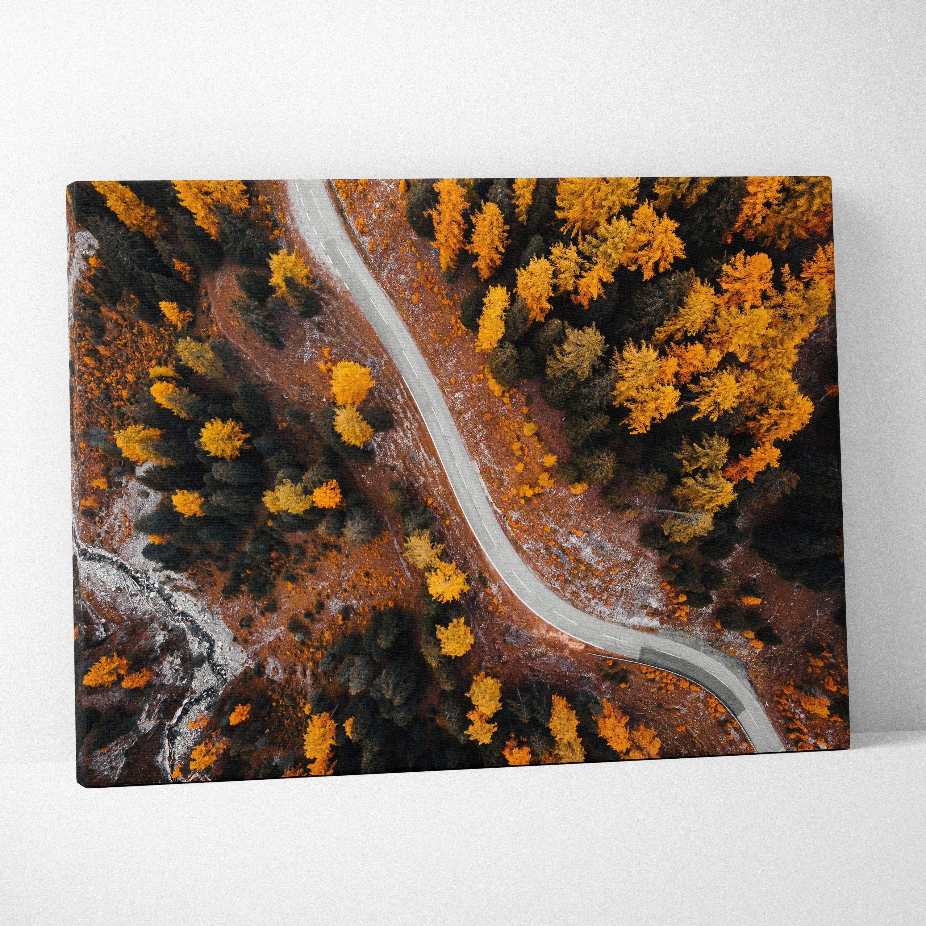 Canvas art wall decor featuring an aerial view of a winding road through golden autumn trees.
