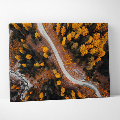Canvas art wall decor featuring an aerial view of a winding road through golden autumn trees.