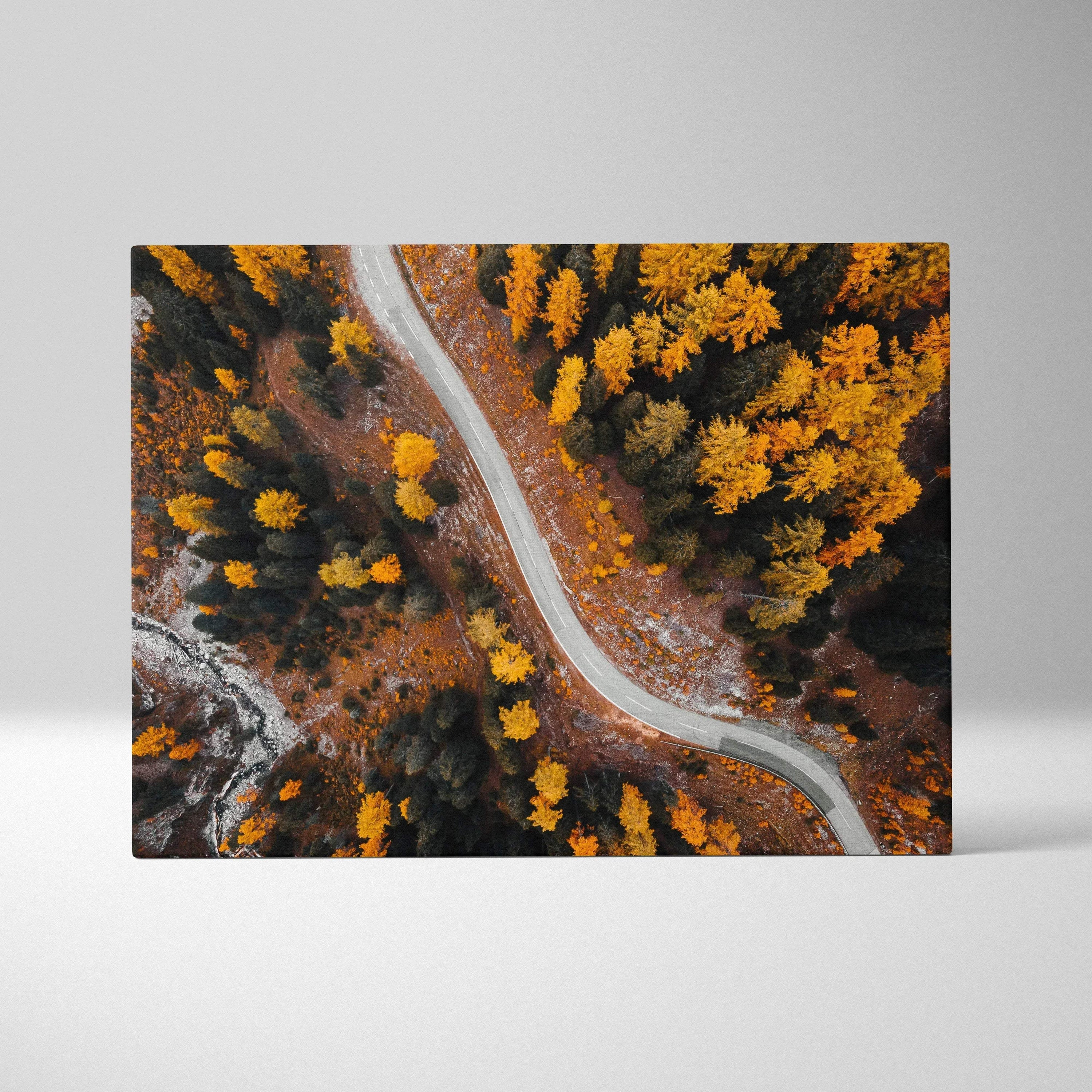 Vibrant autumn canvas art with aerial view of winding road through golden fall foliage wall art.