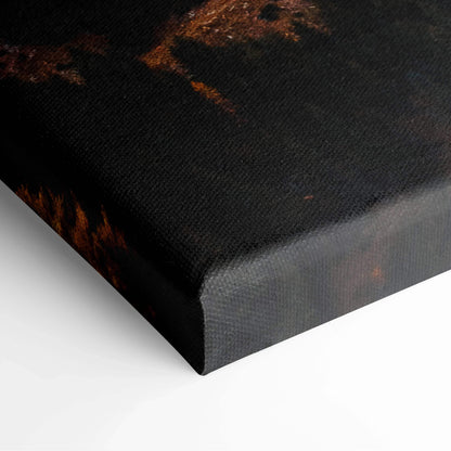 Close-up of canvas art corner with dark autumn foliage and rich texture on stretched wall art canvas.