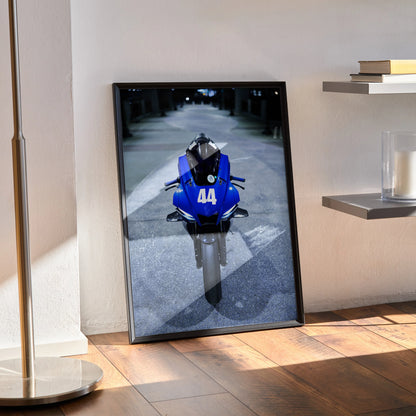 Yamaha YZF-R1 motorcycle poster with blue bike and number 44 racing design wall art.