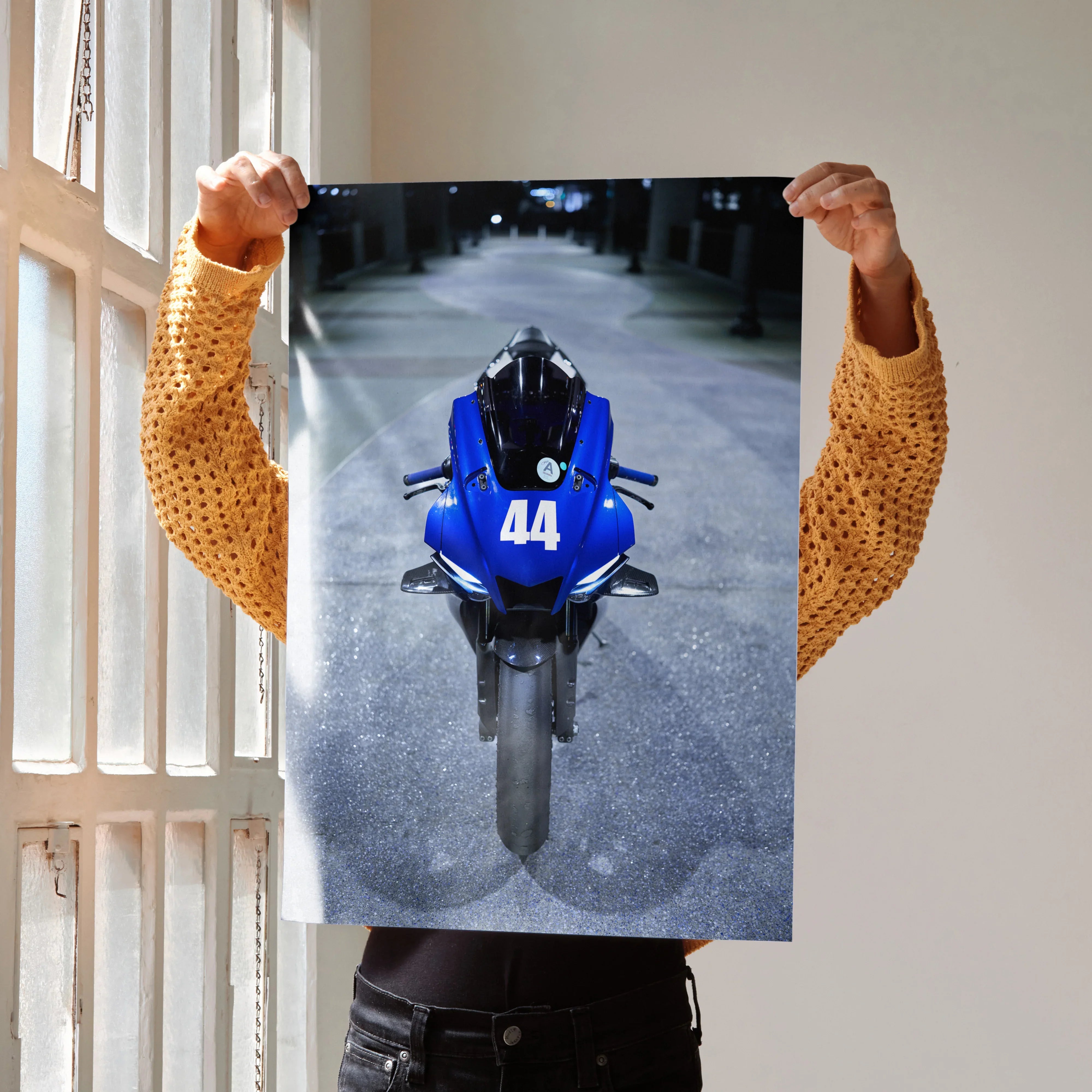 Blue Yamaha YZF-R1 motorcycle front view poster wall art with number 44 on a street background.