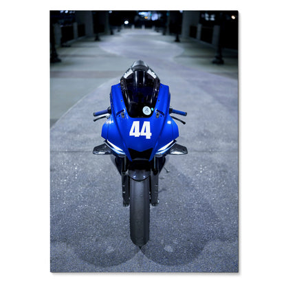 Blue Yamaha YZF-R1 motorcycle front view poster with number 44 for wall art.