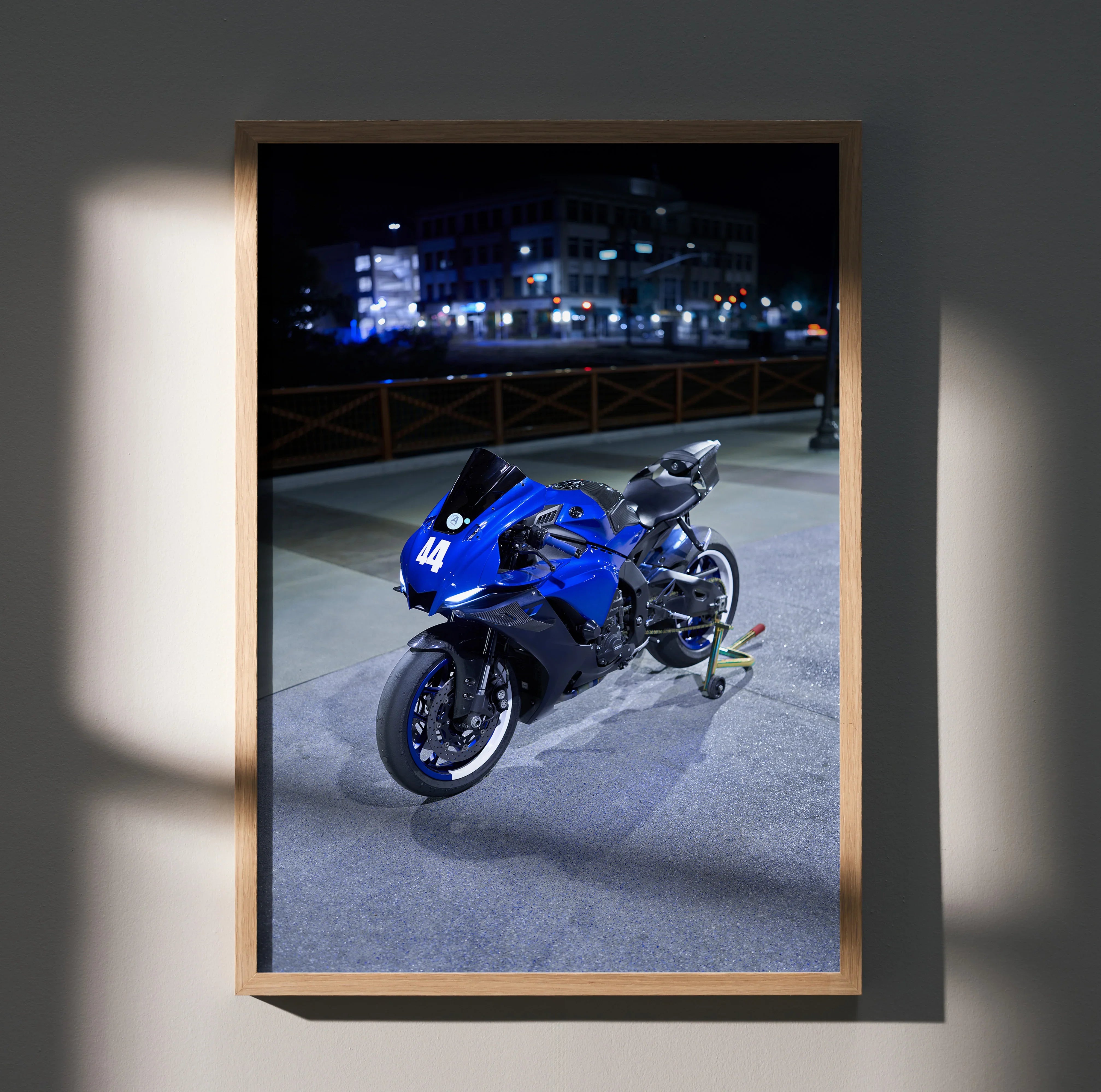 Yamaha R1 motorcycle at night blue art poster wall art in wooden frame.