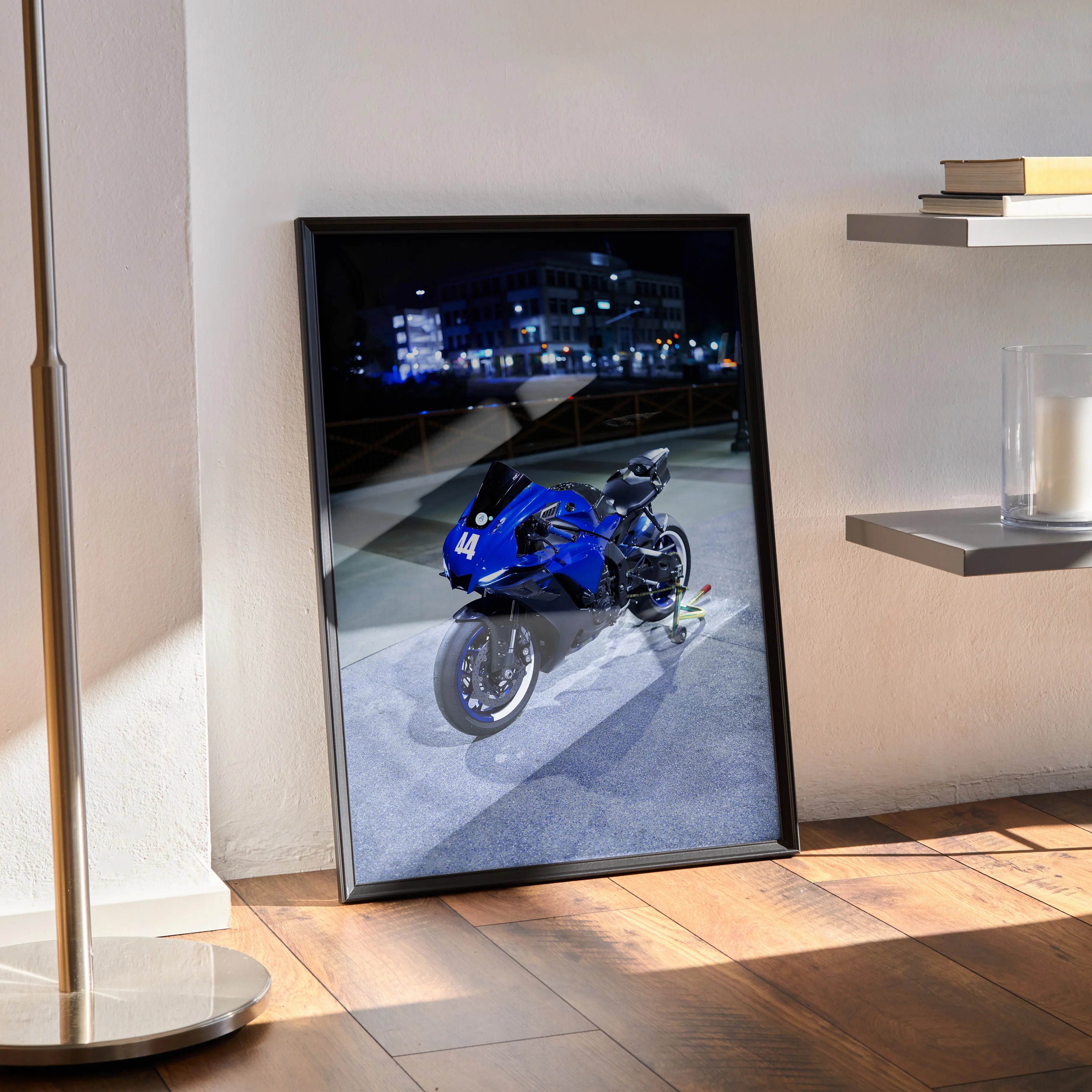 Yamaha R1 motorcycle poster with nighttime city background framed as wall art.