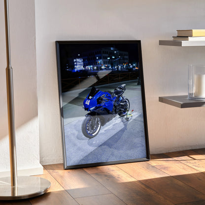 Yamaha R1 motorcycle poster with nighttime city background framed as wall art.