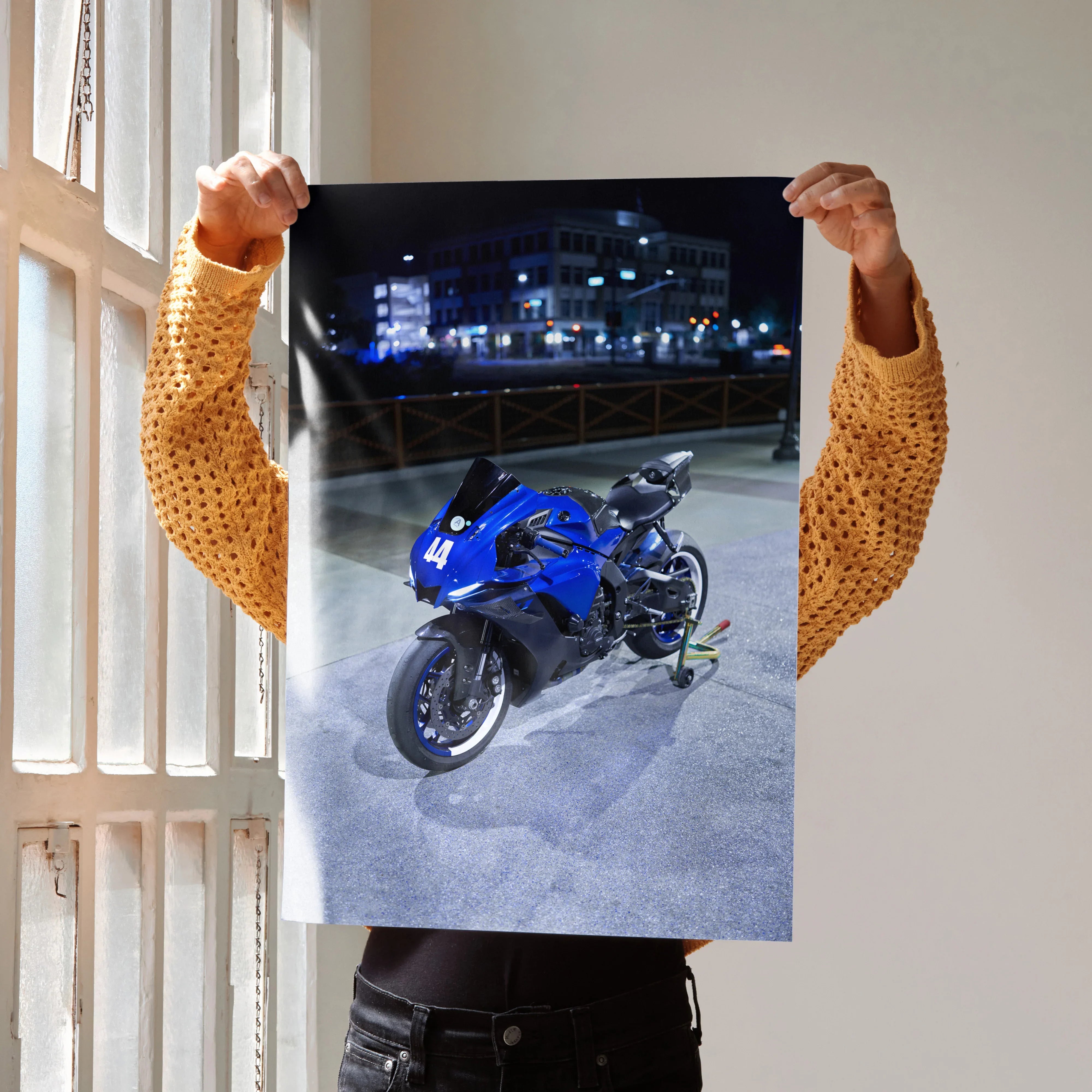 Yamaha R1 motorcycle poster wall art with blue bike under nighttime city lights.