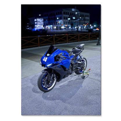 Yamaha R1 motorcycle in blue displayed at night poster wall art.