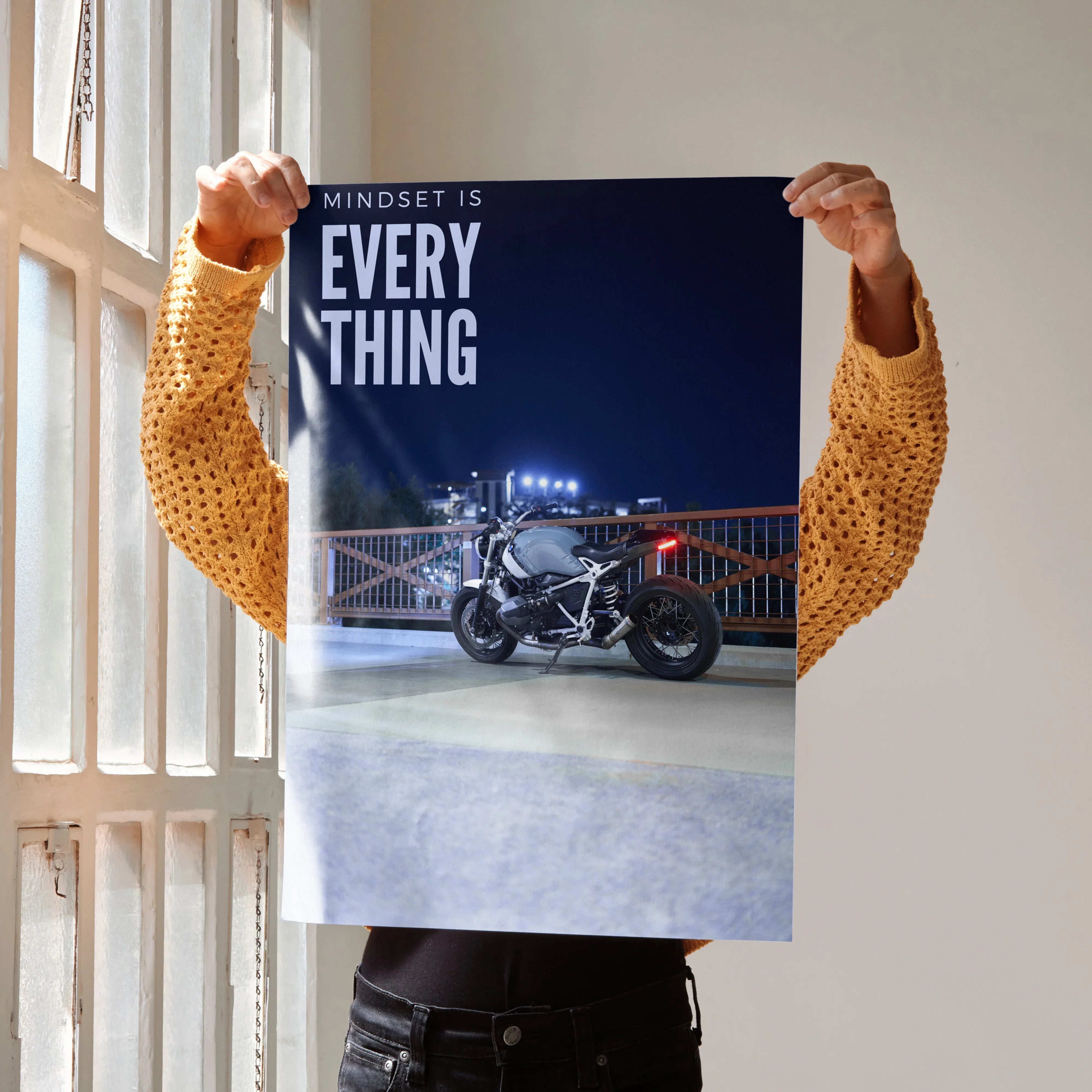 Motivational poster wall art featuring BMW R Nine T motorcycle at night with inspiring text "Mindset is Everything".