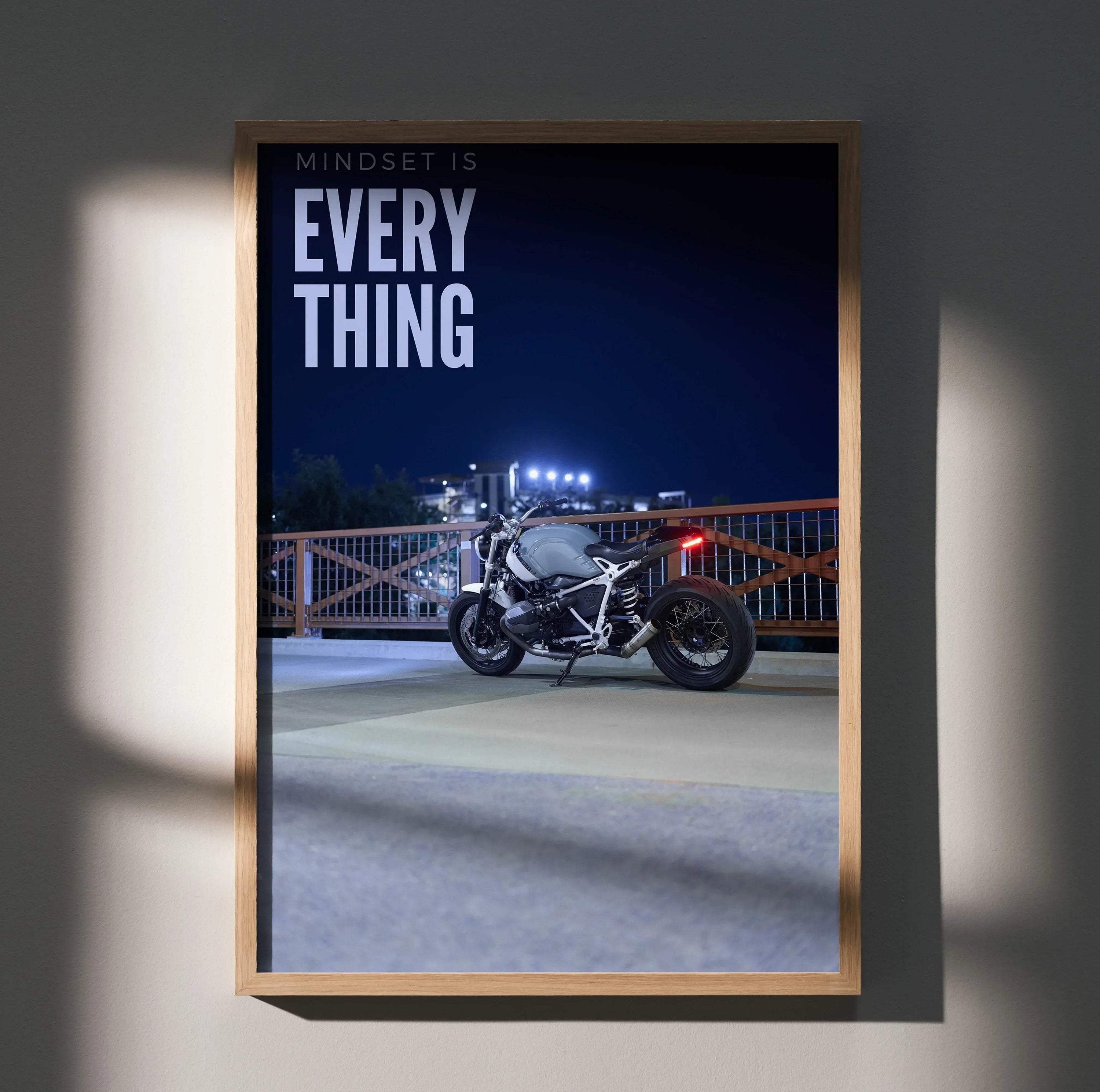 BMW R Nine T motorcycle parked at night with motivating text poster wall art.