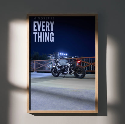 BMW R Nine T motorcycle parked at night with motivating text poster wall art.