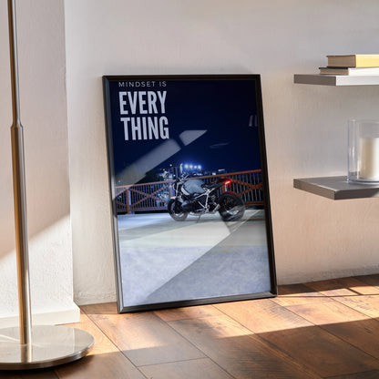 Motivational poster wall art featuring BMW R Nine T motorcycle with inspiring text "Mindset is Everything" in black frame.