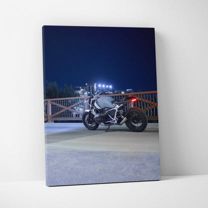 BMW R Nine T motorcycle vertical canvas art with night scene, high-resolution wall art.