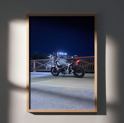 BMW R Nine T motorcycle night ride poster wall art in wooden frame.