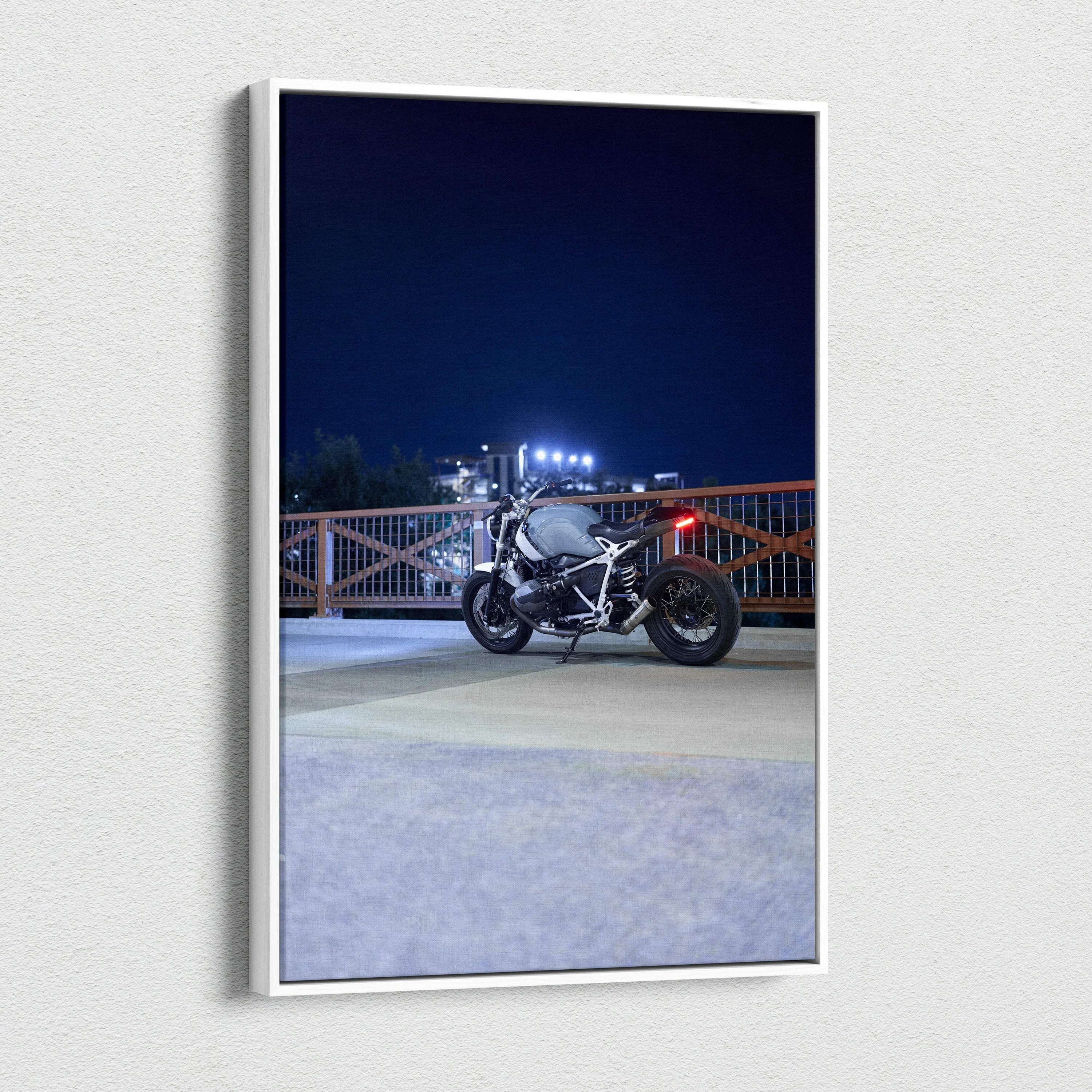 Vertical canvas art featuring a BMW R Nine T motorcycle at night, modern wall art.