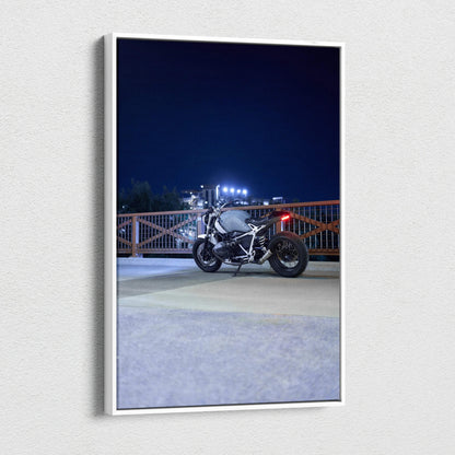 Vertical canvas art featuring a BMW R Nine T motorcycle at night, modern wall art.