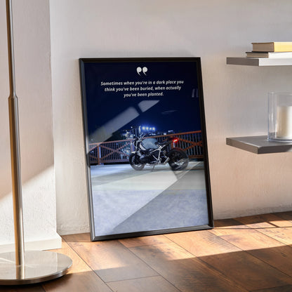 Motivational poster wall art featuring BMW R Nine T motorcycle with inspiring quote against night sky background.