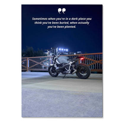 Motivational poster wall art with BMW R Nine T motorcycle under night sky and inspiring white text.