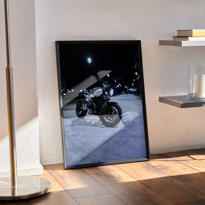 BMW R Nine T motorcycle poster with dark, moody night cityscape wall art in black frame.