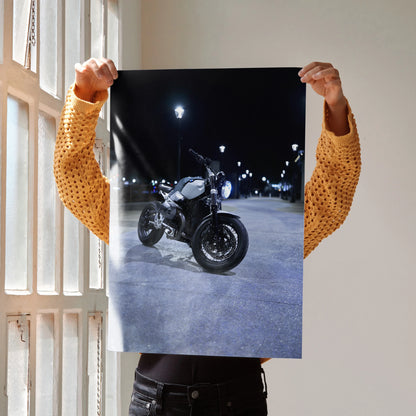 BMW R Nine T motorcycle poster featuring night street scene wall art with glowing lights.