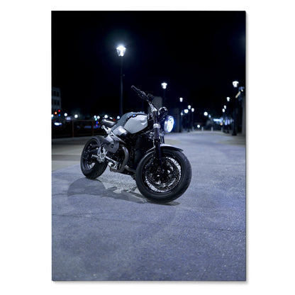 BMW R Nine T motorcycle parked at night under streetlights poster wall art.