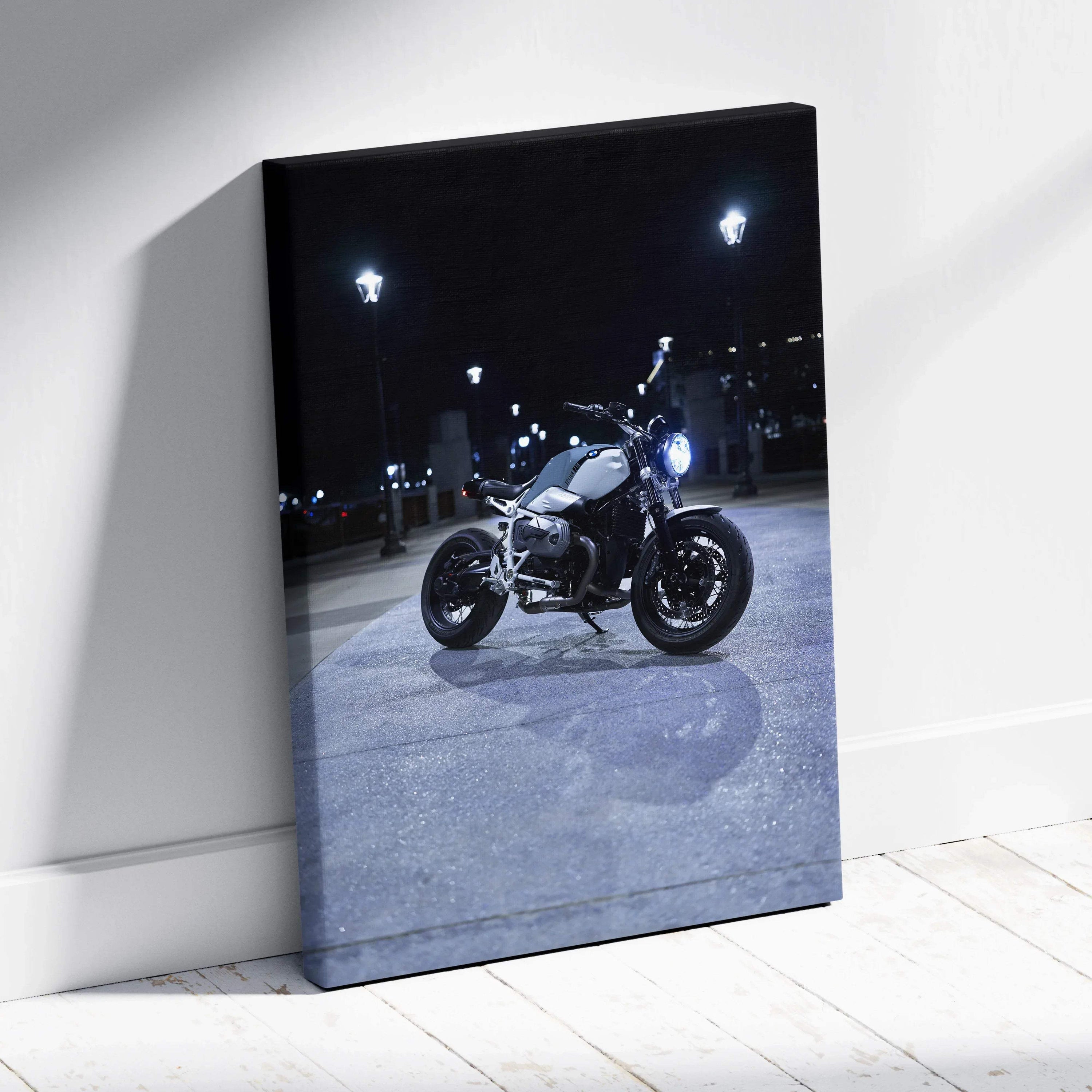 BMW R Nine T motorcycle at night on dark urban background canvas wall art.