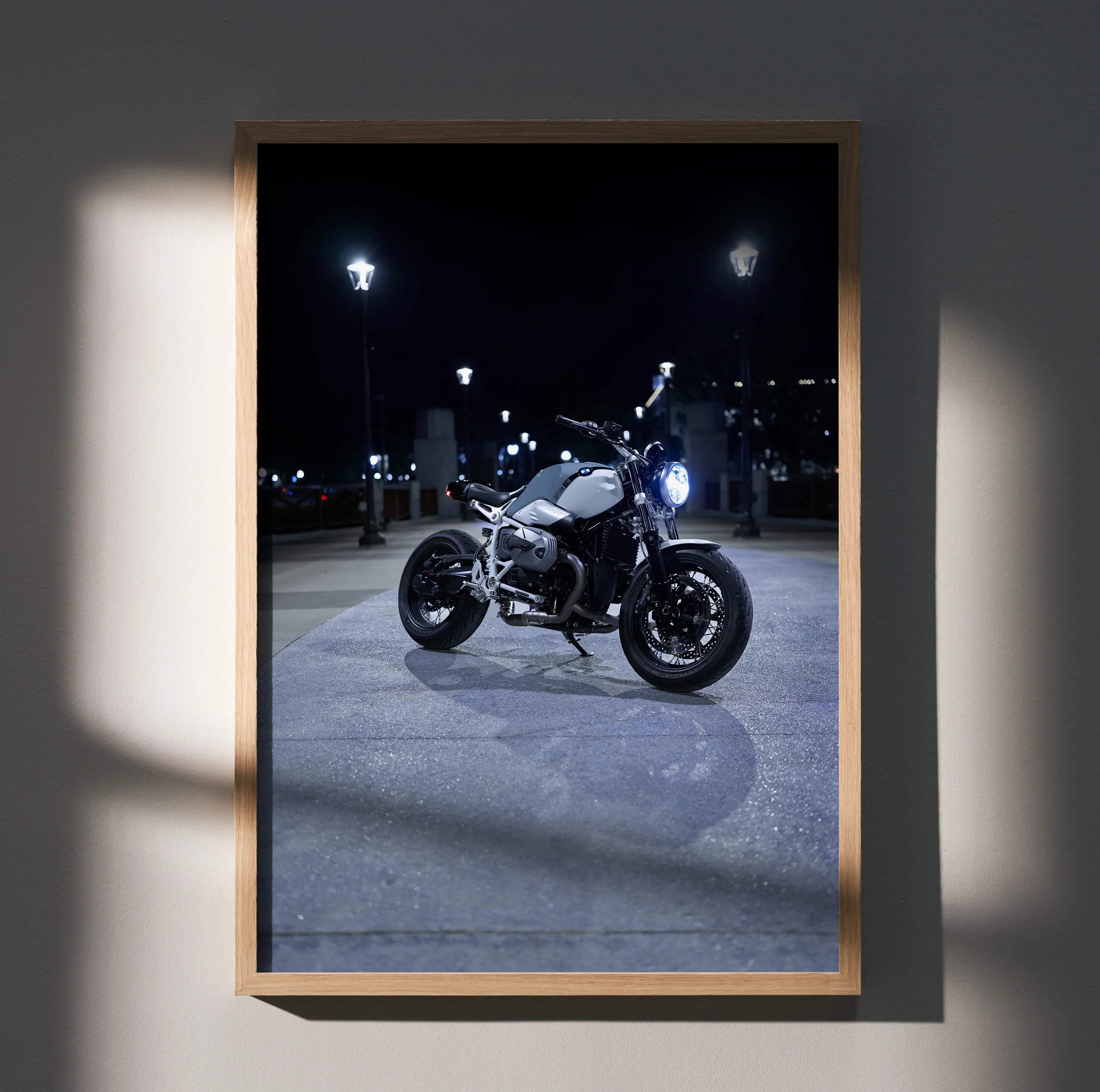 Silver and black bmw r1200gs motorcycle photo print in light wood frame for timeless wall decor