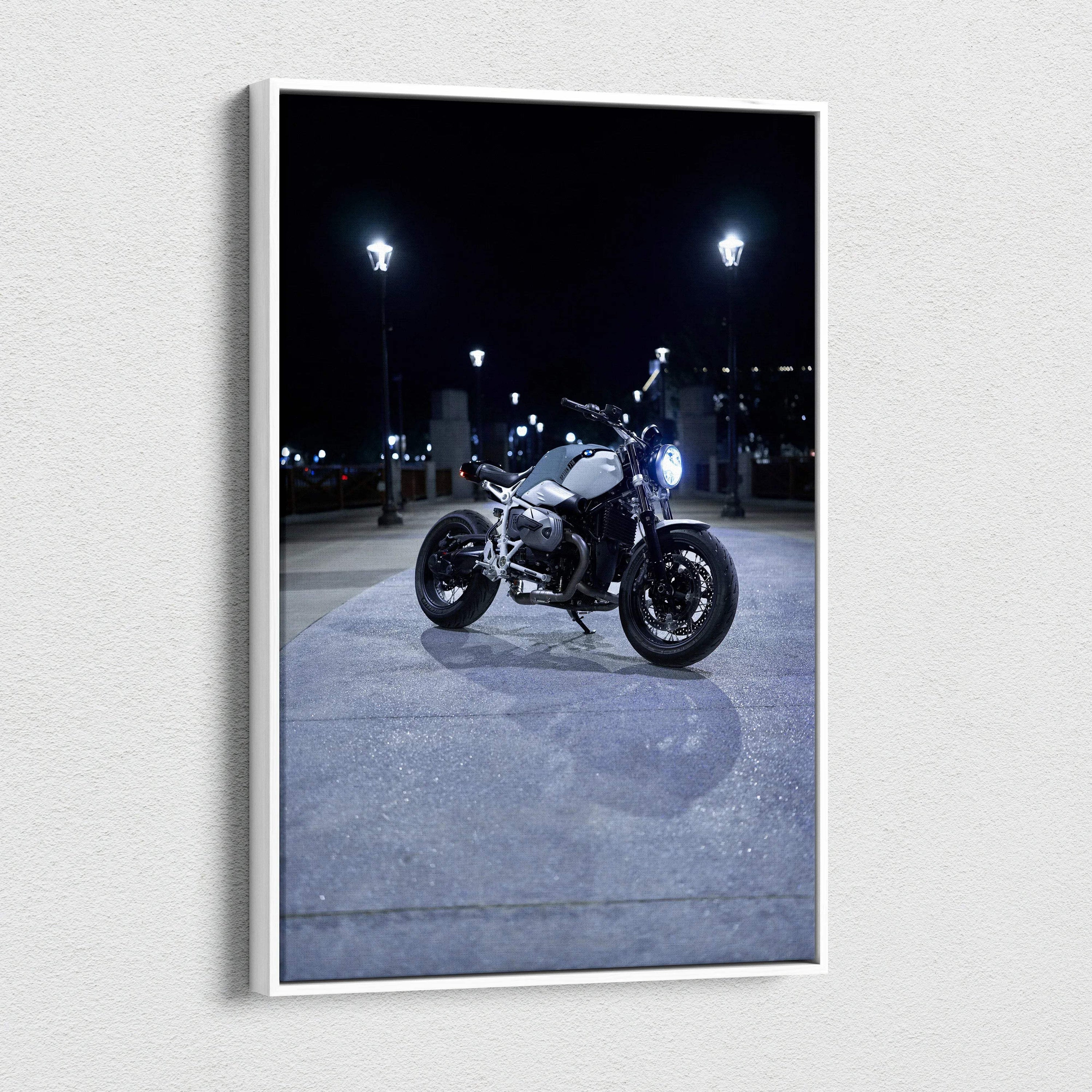 BMW R Nine T motorcycle night scene vertical canvas wall art with dark city background.