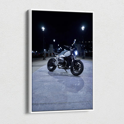 BMW R Nine T motorcycle night scene vertical canvas wall art with dark city background.