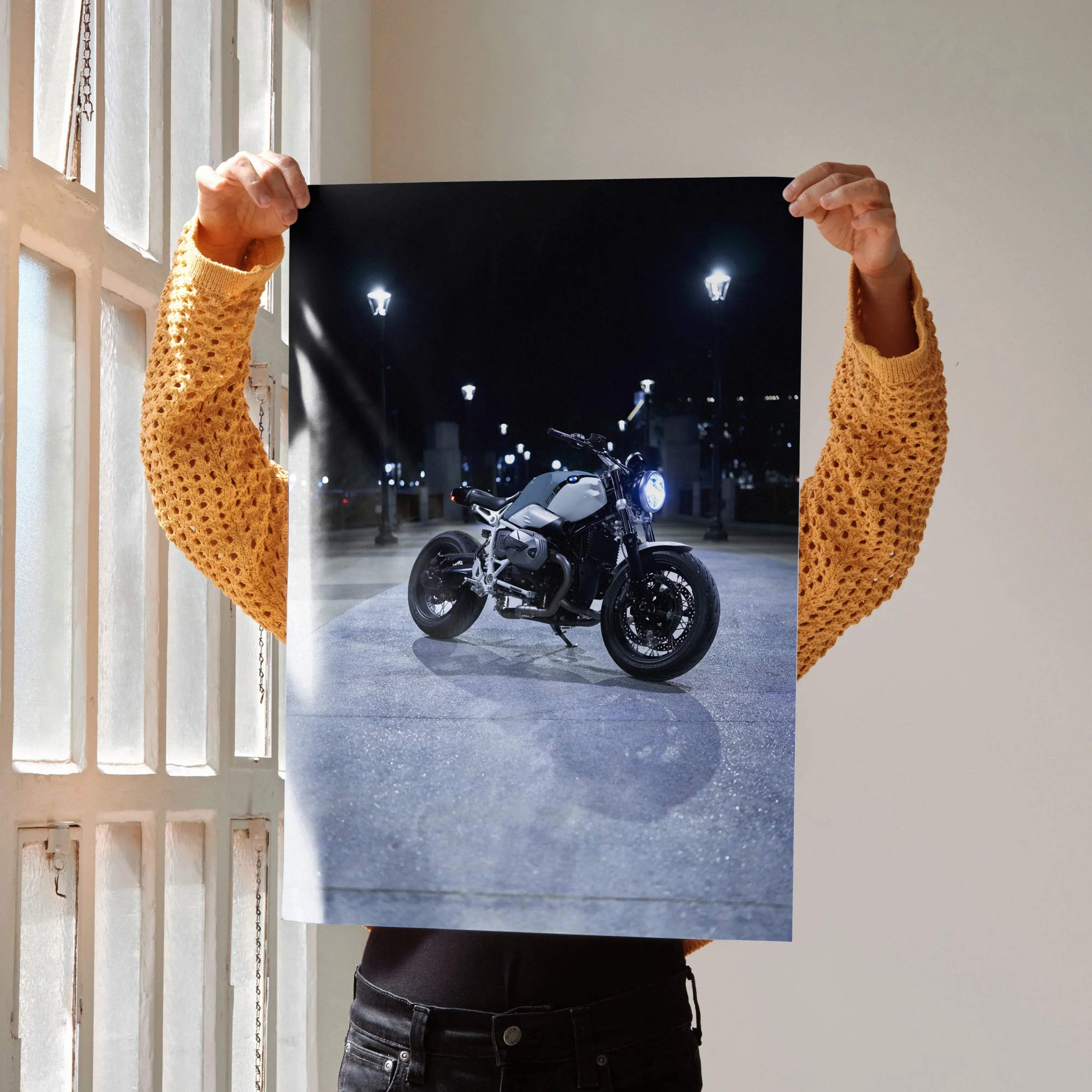 BMW R Nine T motorcycle poster with sleek black bike against night backdrop, stylish wall art.