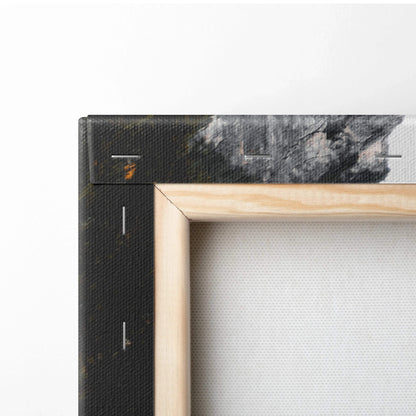 Close-up of wooden frame and black stapled canvas backing for wall art canvas print.