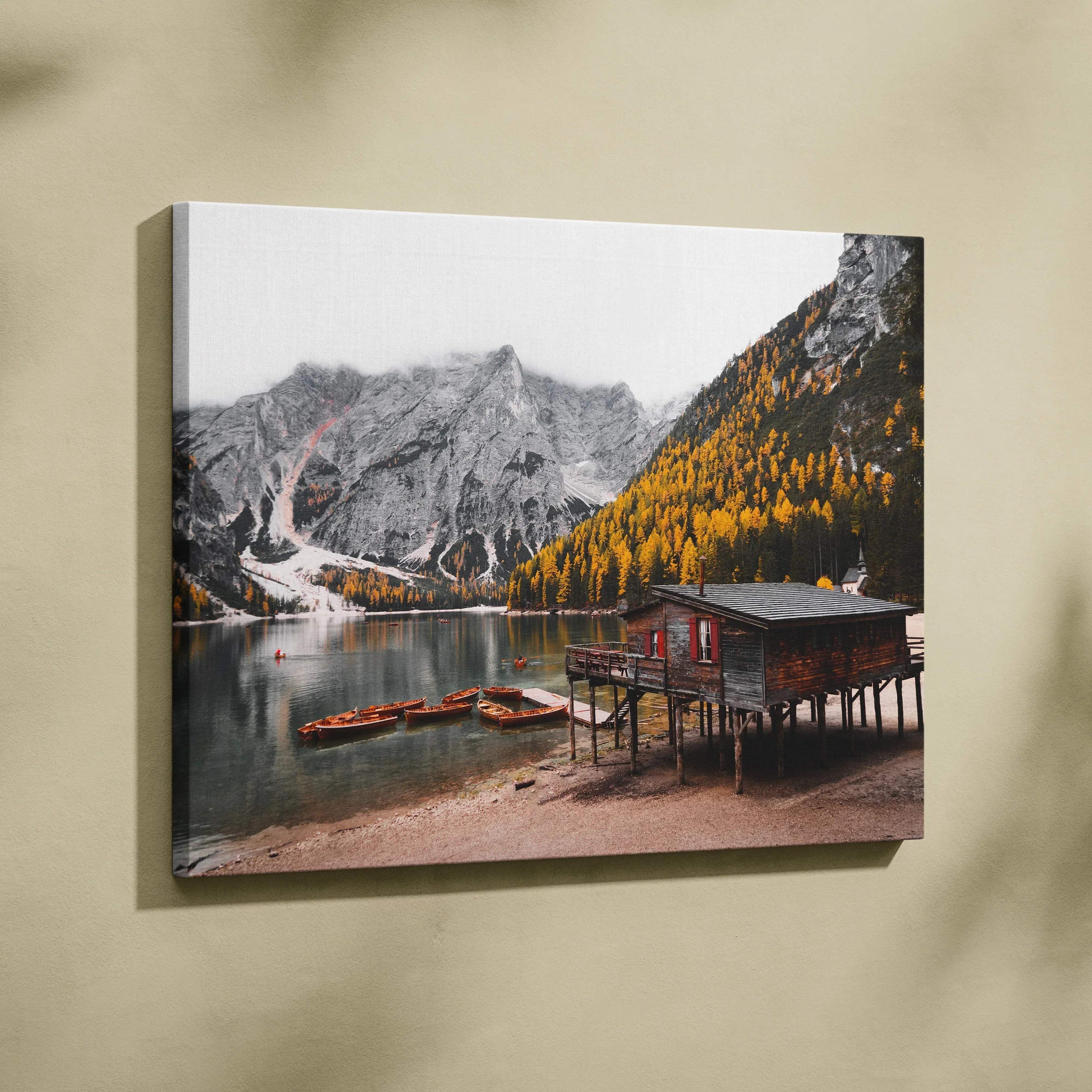 Autumn nature canvas wall art featuring golden fall foliage by a lakeside with mountains in the background.