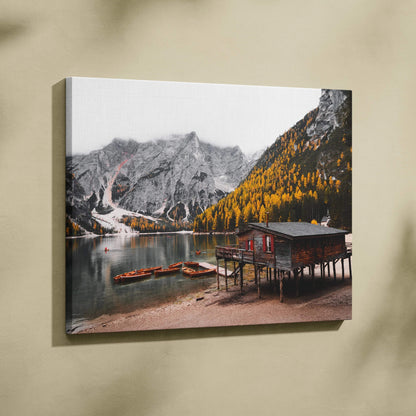 Autumn nature canvas wall art featuring golden fall foliage by a lakeside with mountains in the background.