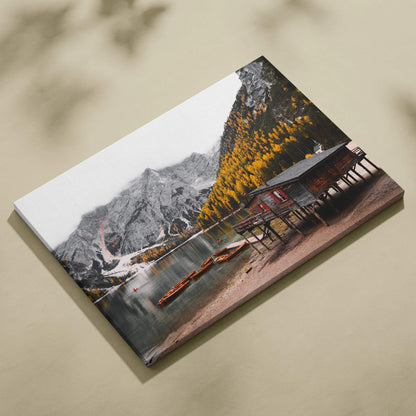Canvas wall art featuring vibrant autumn nature scene with golden leaves and mountain lake reflections.