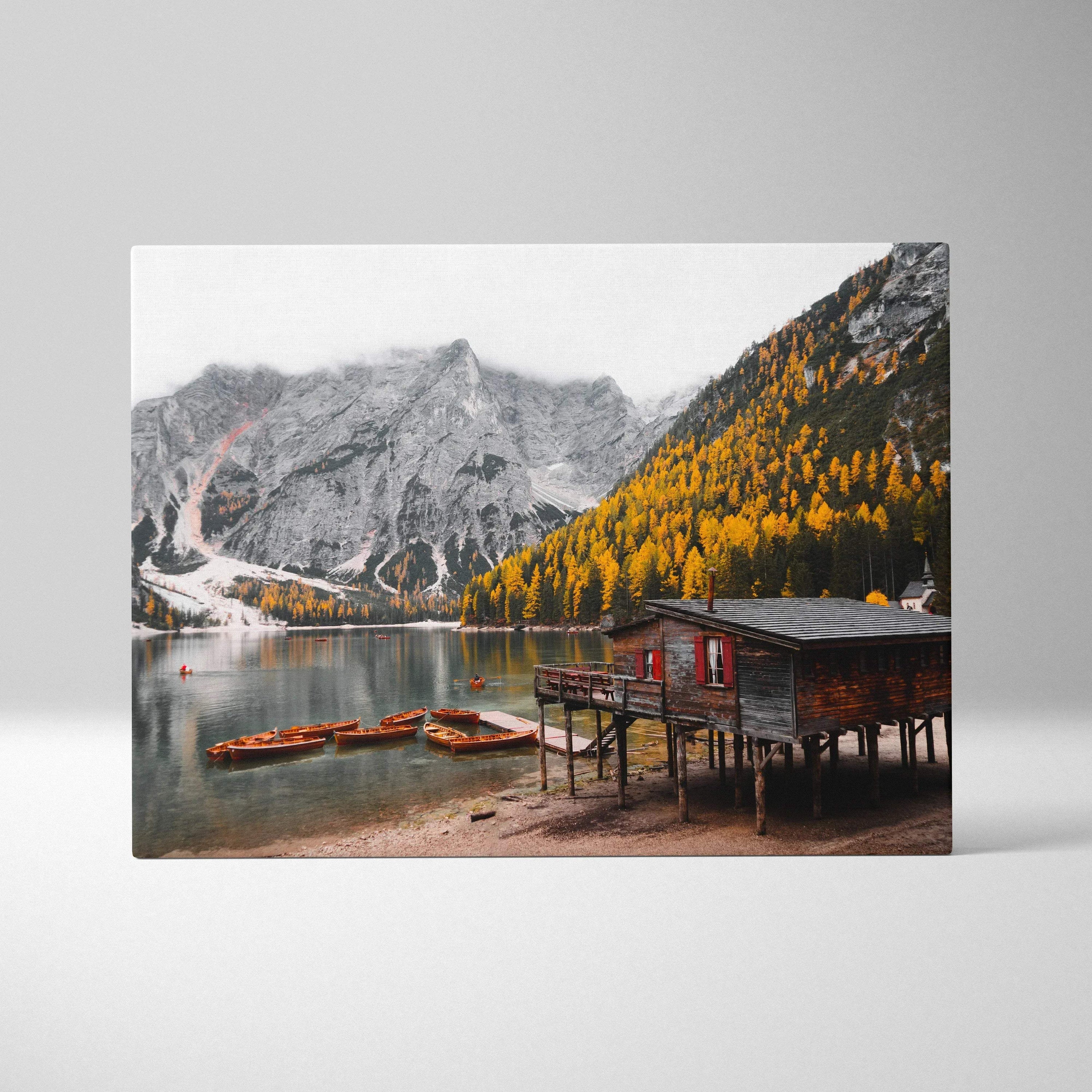 Autumn nature canvas wall art with golden foliage and mountain lake scene in vibrant fall colors.