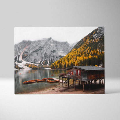Autumn nature canvas wall art with golden foliage and mountain lake scene in vibrant fall colors.