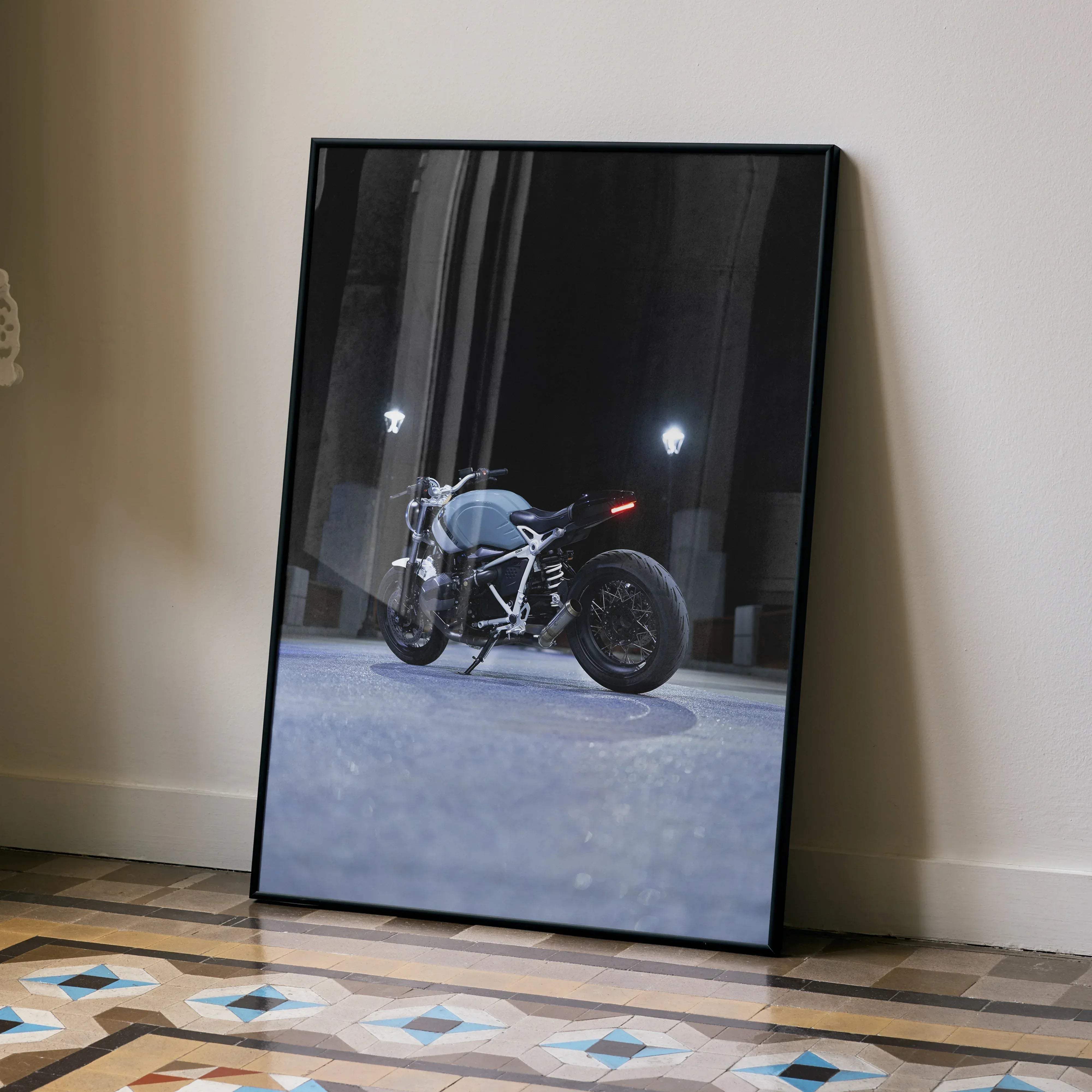 Black-framed canvas print of bmw inspired r nine t motorcycle art featuring sleek matte finish and red accents