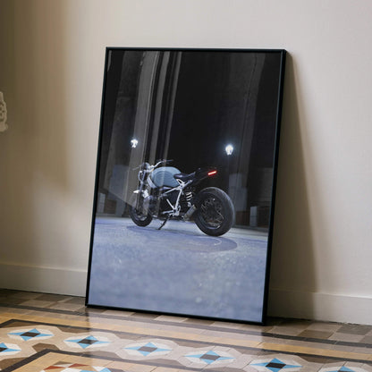 BMW R Nine T motorcycle poster featuring a sleek black bike in dark setting, wall art print.