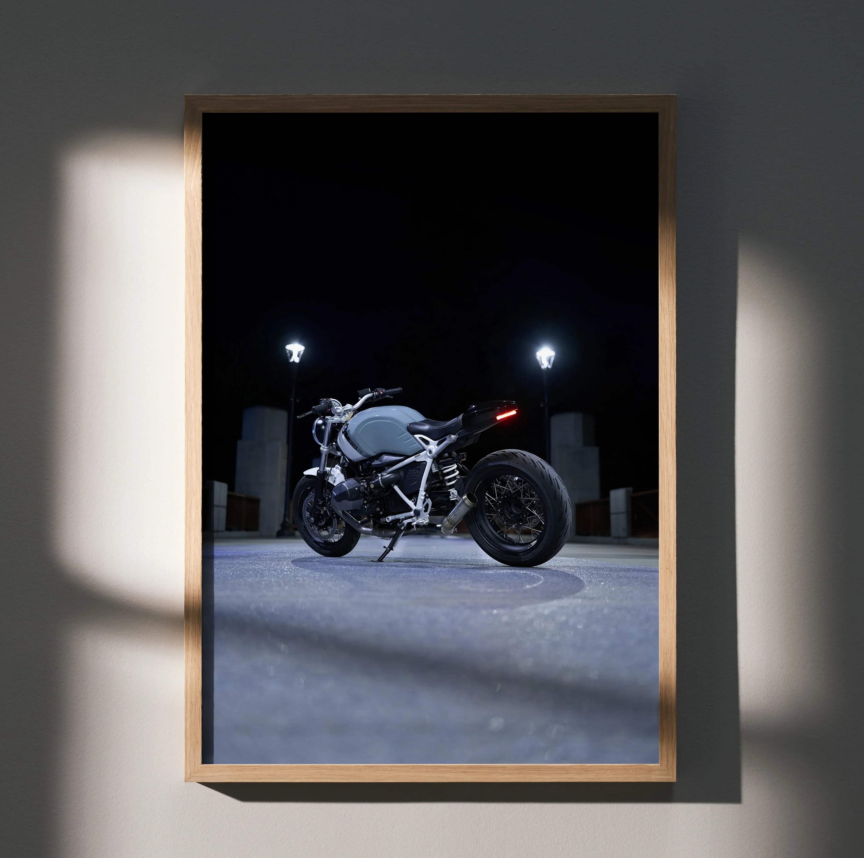 BMW R Nine T motorcycle poster with dark night background and modern street lights wall art.