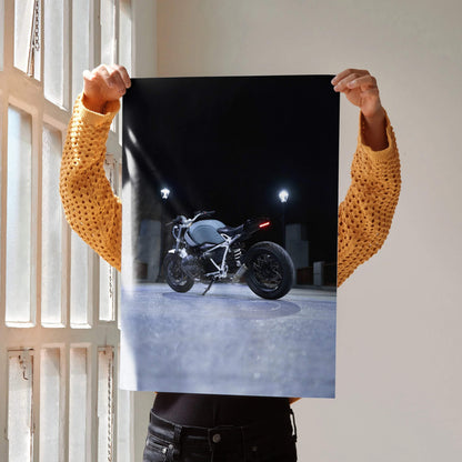 BMW R Nine T motorcycle poster with dark night background, glossy wall art print.