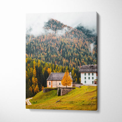 Canvas wall art featuring a serene mountain village with autumn foliage and misty peaks.