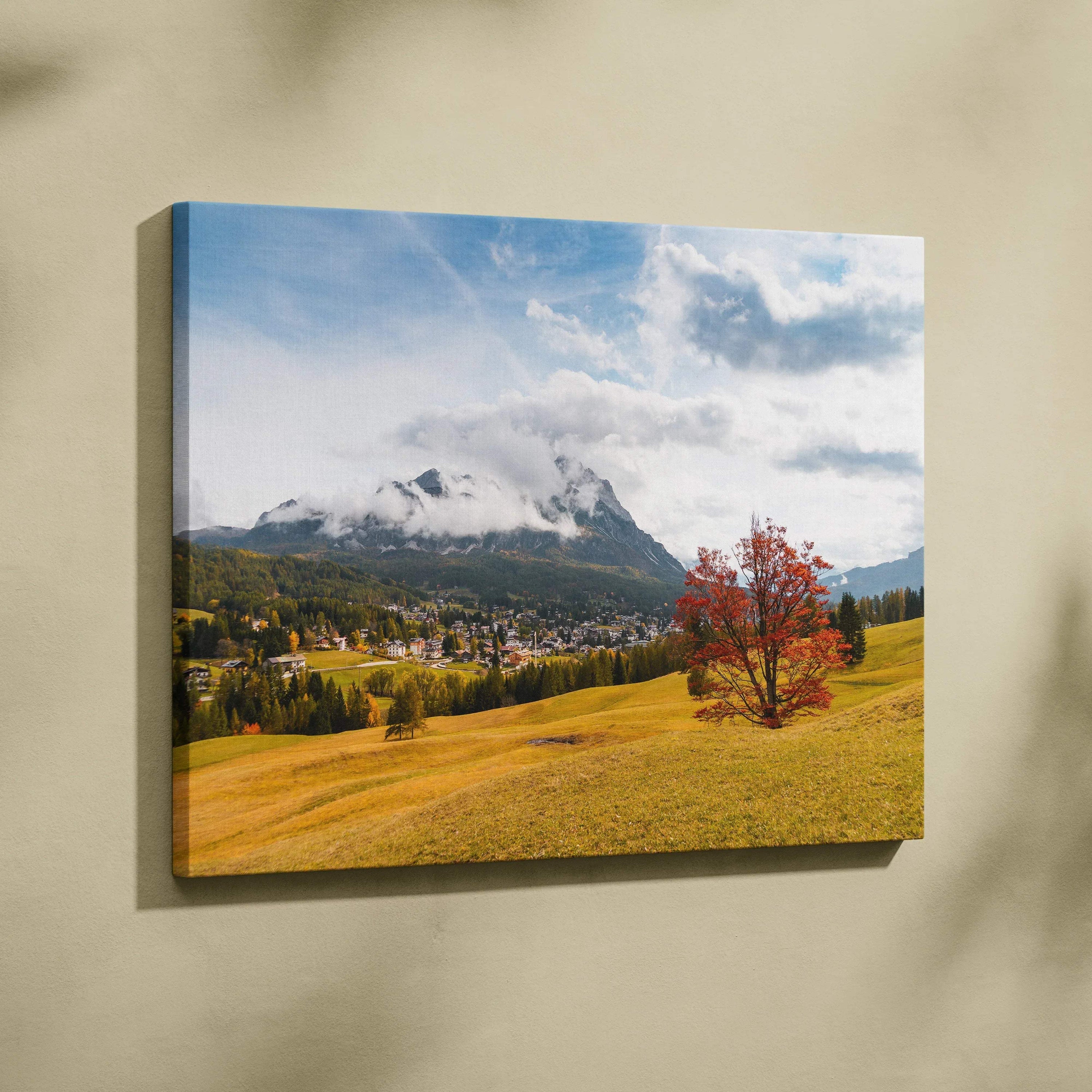Autumn mountain landscape with fiery red tree on vibrant canvas wall art print.