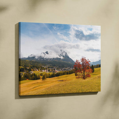 Autumn mountain landscape with fiery red tree on vibrant canvas wall art print.