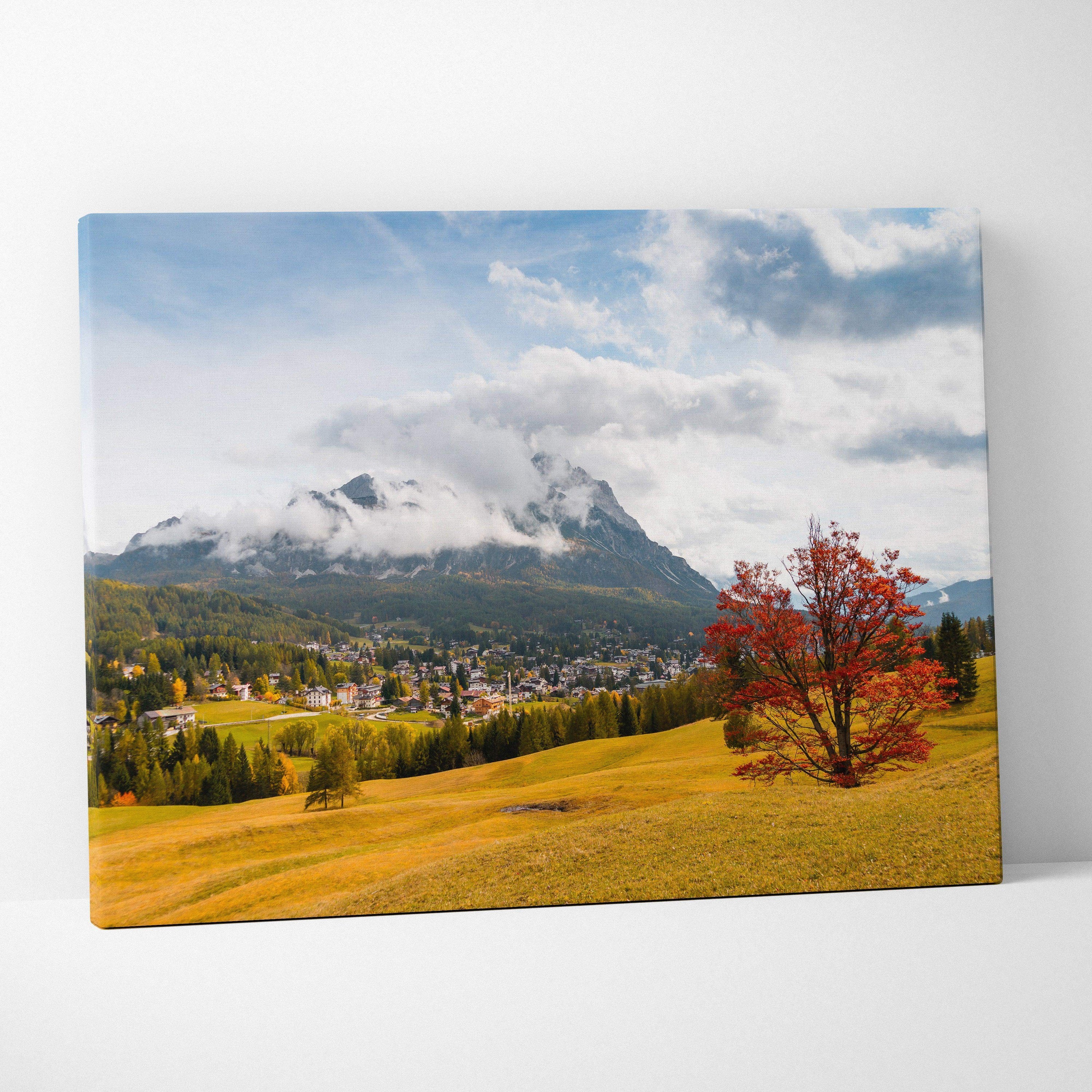 Autumn mountains landscape with fiery red tree on canvas wall art print.