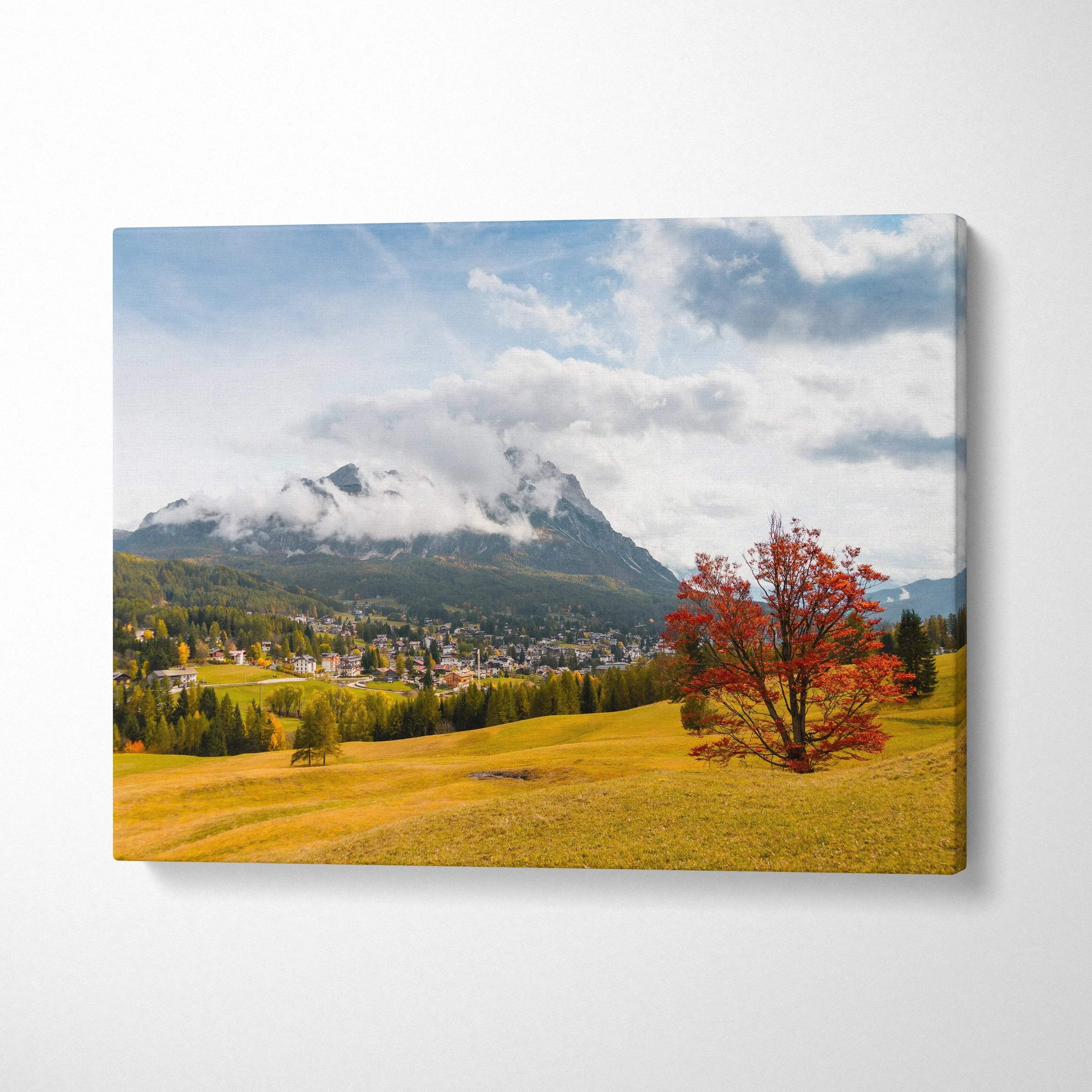 Autumn mountain landscape with fiery red tree on vibrant fall canvas wall art.