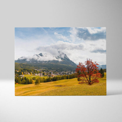 Canvas art of vibrant autumn mountains with fiery fall foliage and cloudy blue sky wall art.