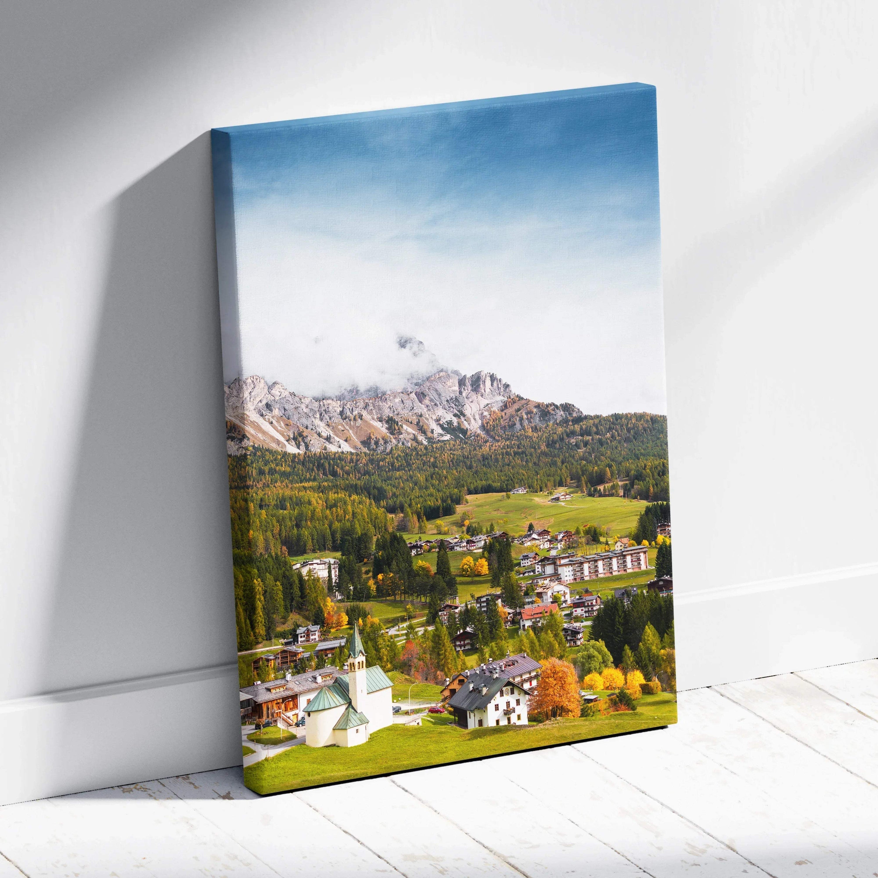 Canvas wall art print featuring a vibrant landscape of mountainous architecture under a blue sky.