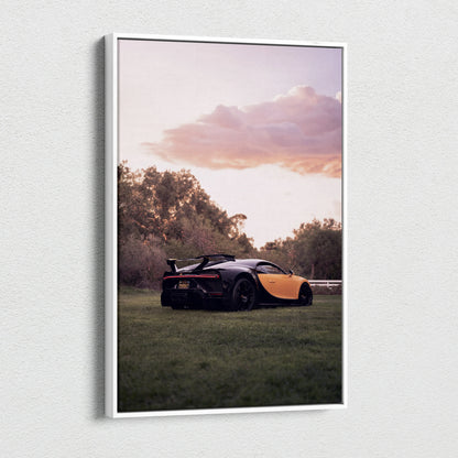 Bugatti Chiron canvas wall art with sunset background and dark sports car in a vertical format.